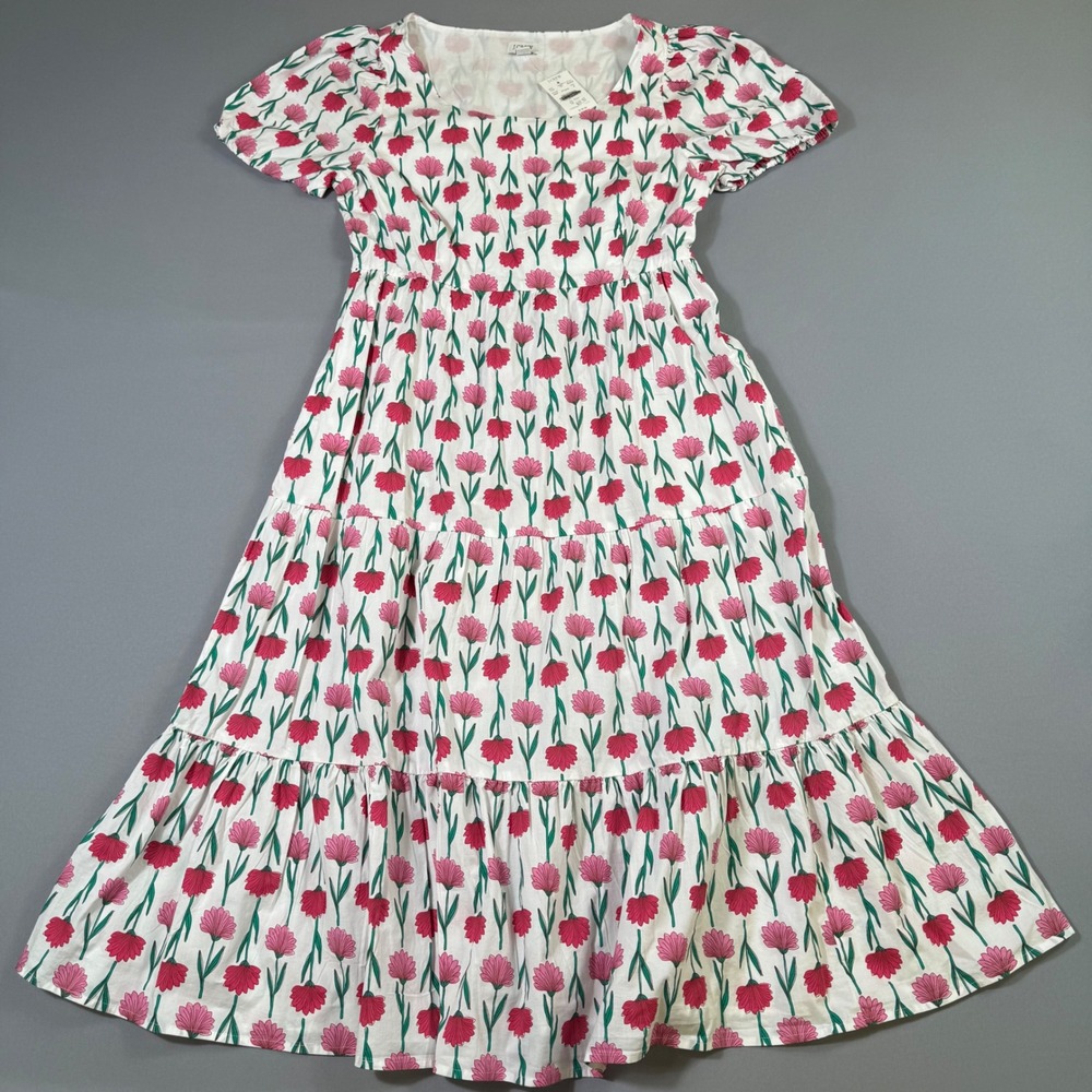 J.Crew Midi Dress Womens 6 White Pink Floral Tiered Puff Sleeve Fit n Flare NEW